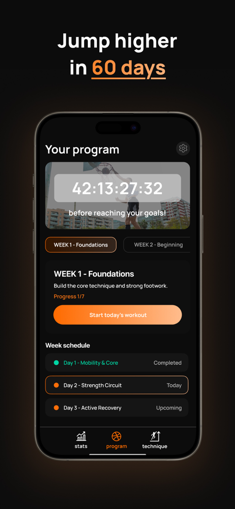How2Jump: Jump Higher, Faster - Interface of the How2Jump app showing a personalized sixty day vertical jump training program with a daily workout schedule and progress tracking.
