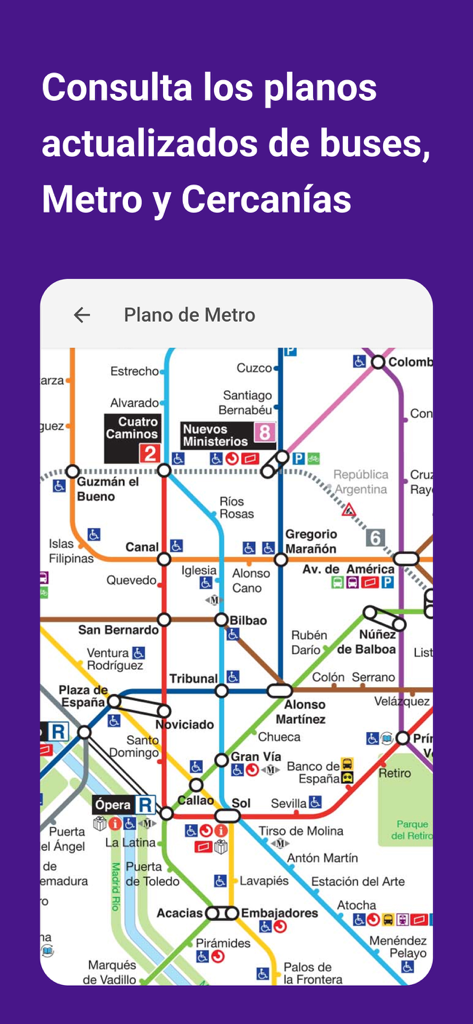 Buses Madrid Tiempo Real - Madrid metro map interface within the Buses Madrid Tiempo Real app.