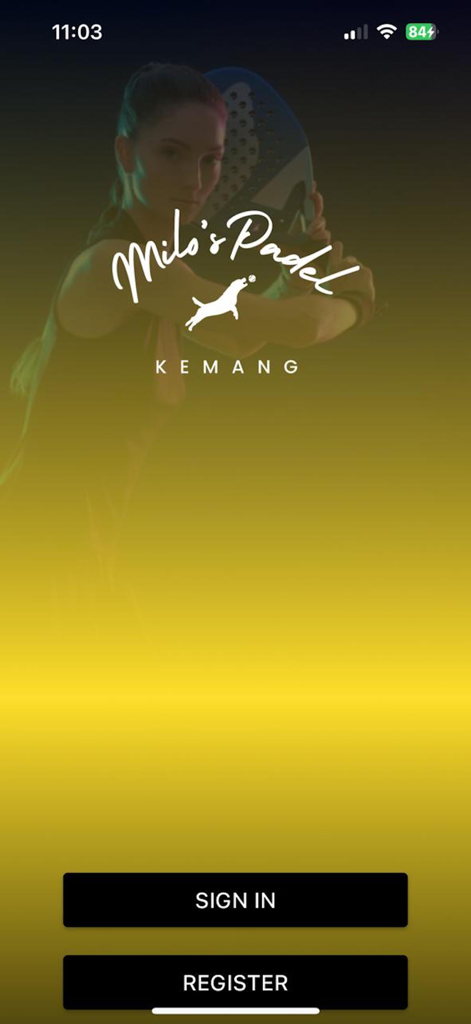 Milos Padel - Milos Padel app login and registration screen featuring the club logo and a player with a racket