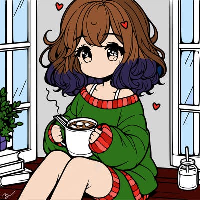 cute anime girl reading book and drinking hot chocolate from mug with loose wavy hair wearing a baggy sweatshirt and shorts sitting by windowsill looking out
