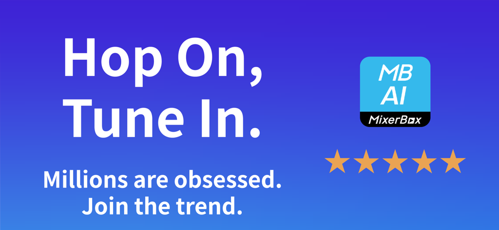MixerBox AI - Banner promozionale di MixerBox AI con lo slogan Hop On Tune In e una valutazione a cinque stelle