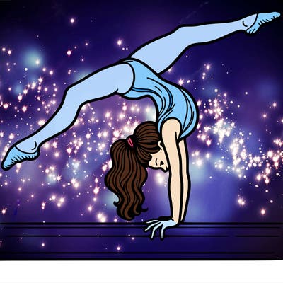 gymnast doing split handstand on a beam