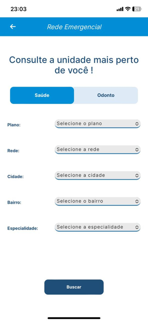 ASSIM SAÚDE - Emergency healthcare and dental provider search screen in the ASSIM SAUDE app with location and specialty filters.
