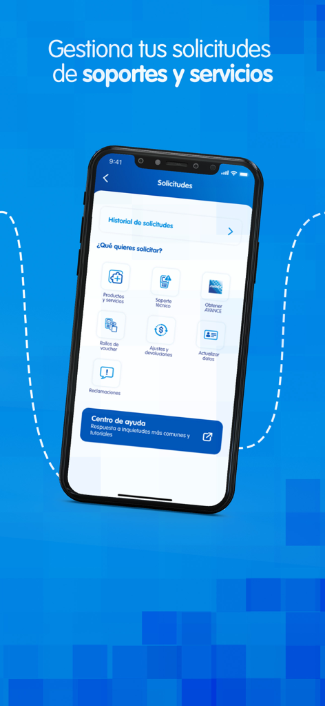 App AZUL - Interfaz de App AZUL mostrando varias opciones de soporte y solicitud de servicios para comercios en español.