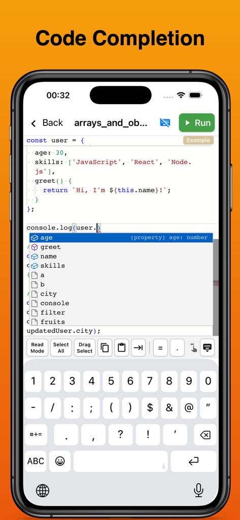 JavaScript Coding - オブジェクトのコード補完の提案を表示するJavaScriptコーディングモバイルアプリエディタ