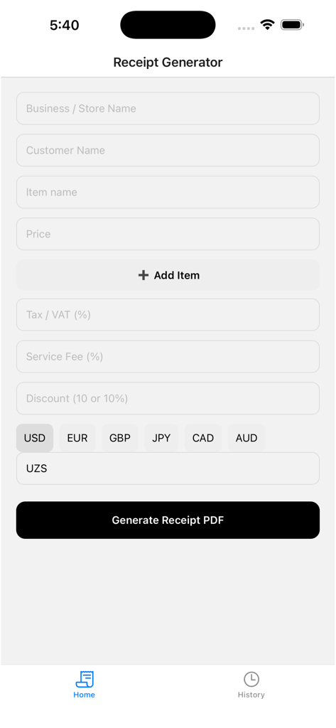 Interfaz de la aplicación Generador de Recibos Experto que muestra campos para ingresar detalles de la transacción y generar un recibo PDF