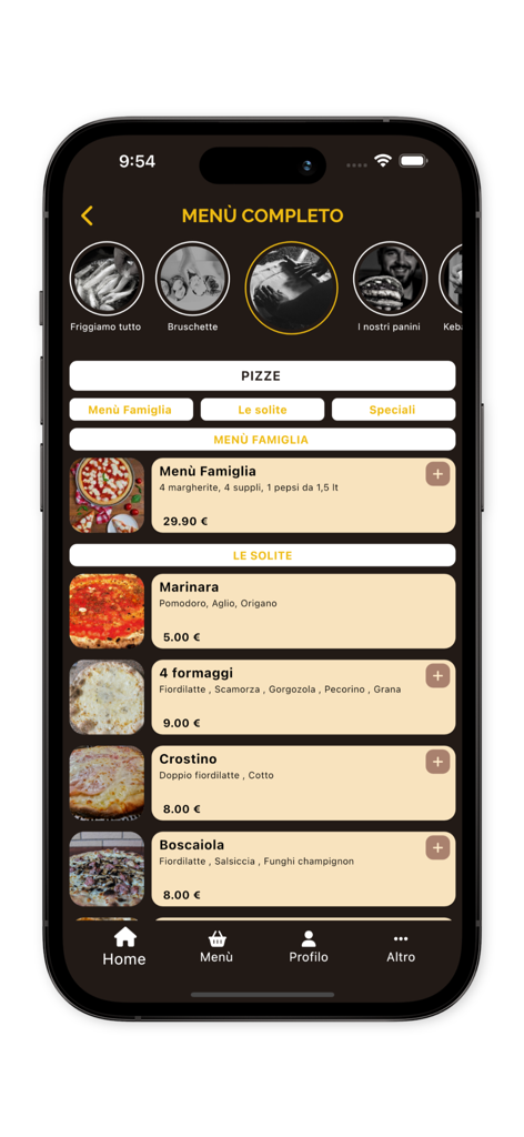 Sapore di Roma 디지털 메뉴를 보여주는 스마트폰 화면, 다양한 피자 옵션과 가격이 표시되어 있습니다.