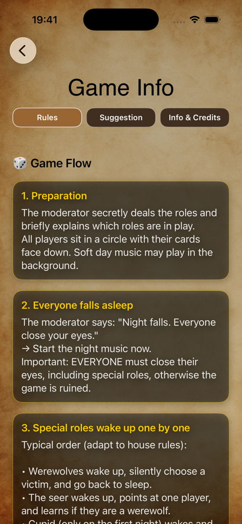 Werewolf Soundboard - The rules and game flow screen of the Werewolf Soundboard app featuring a medieval parchment background and numbered moderation steps.