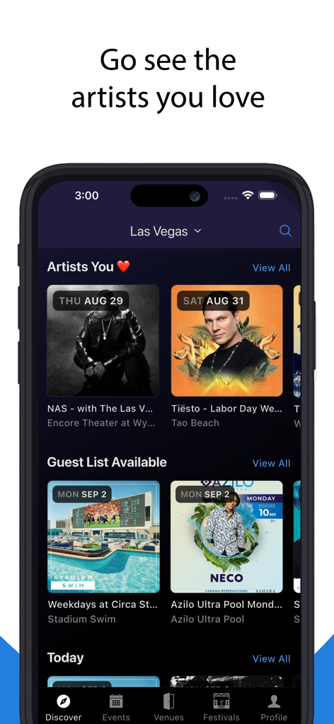 Discotech Nightlife - Discotech app interface showing upcoming music artists and guest list events in Las Vegas.