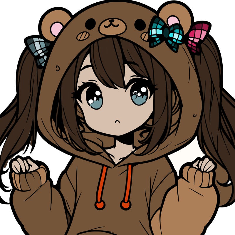 cute anime girl with ponytails and a cute bear hoodie