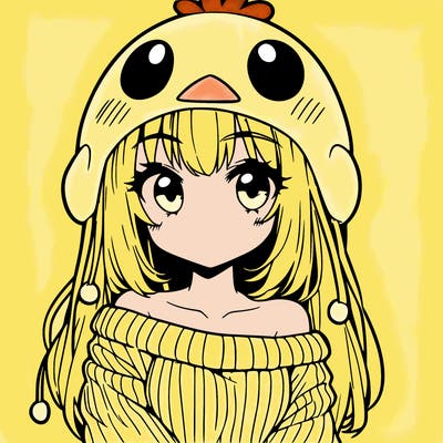 anime girl with chick shaped hat with sweater with bare shoulders with bangs covering them one eye with low tail