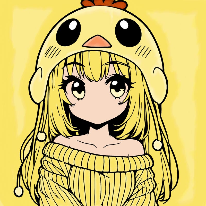 anime girl with chick shaped hat with sweater with bare shoulders with bangs covering them one eye with low tail