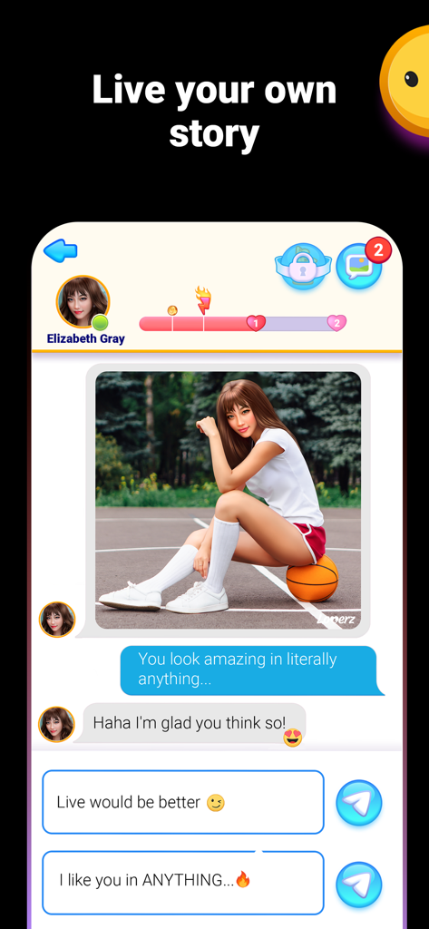 Loverz: Virtual love stories - Loverz app chat screen showing a conversation with a virtual character and multiple response options.