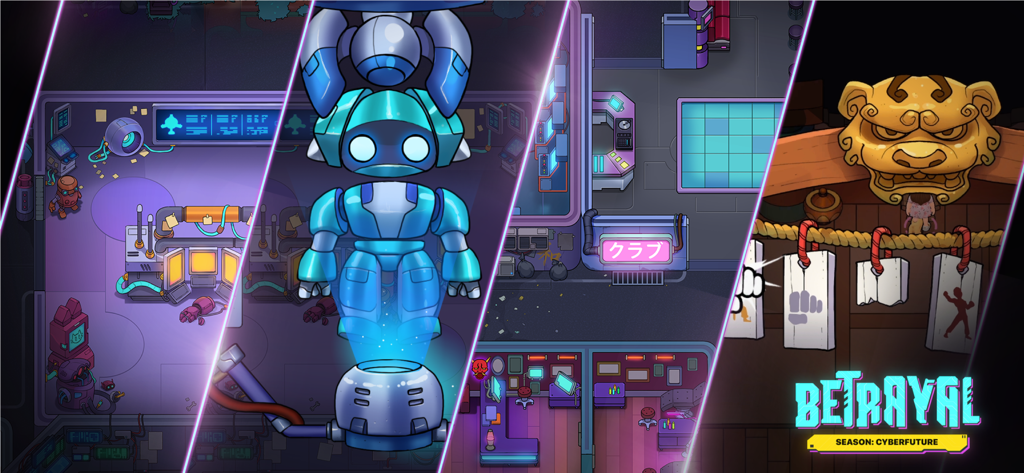 Collage of Betrayal.io game maps and a blue robot character for the Cyberfuture season