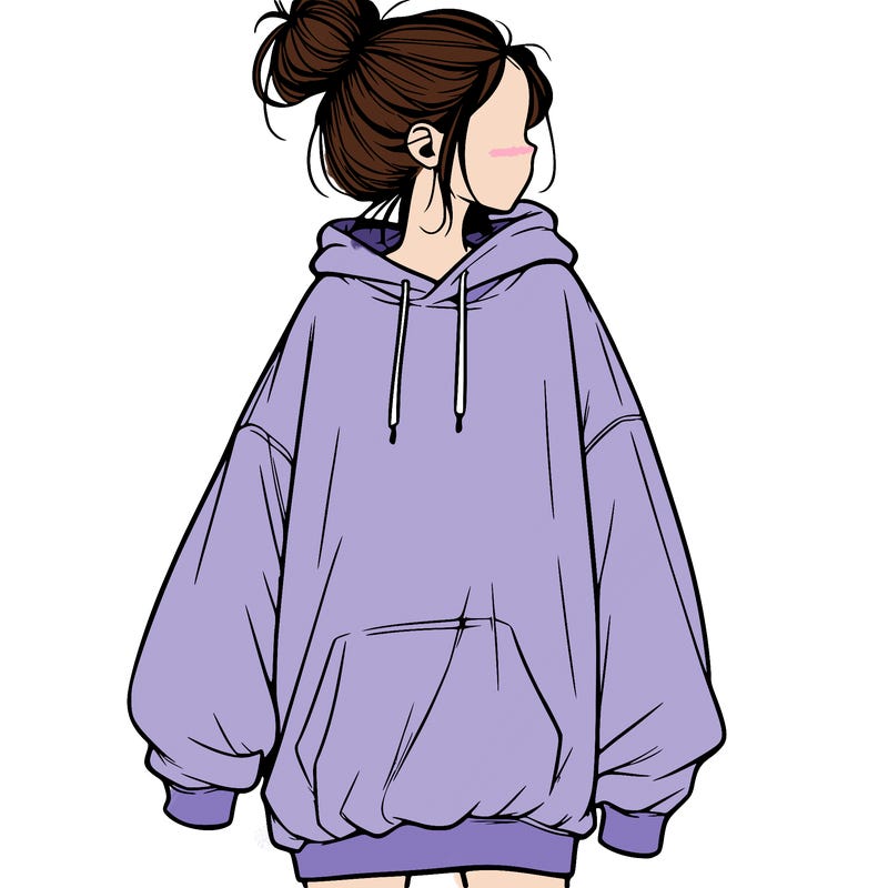 realistic girl with a oversized sweatshirt on and a bun
