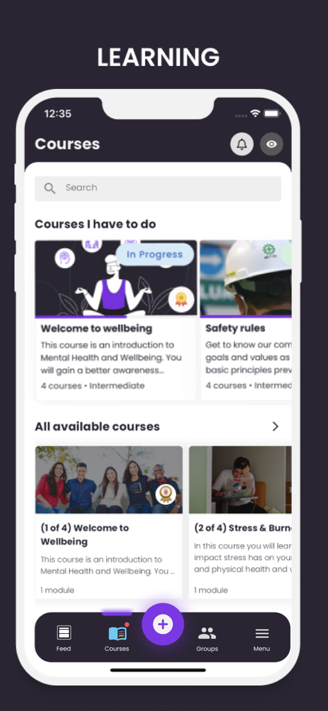 Mobile app interface showing assigned corporate training courses like wellbeing and safety rules