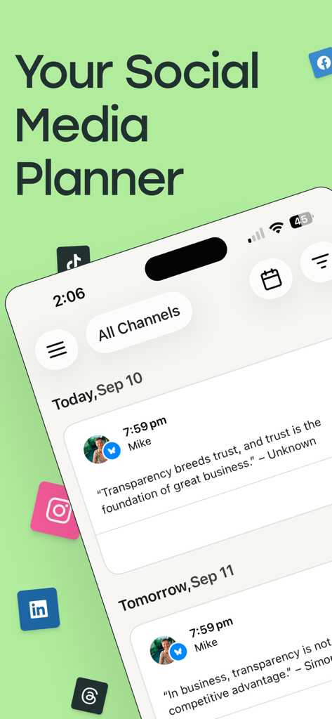 Buffer: Plan & Schedule Posts - Buffer mobile app interface showing a social media planner with scheduled posts across various platforms