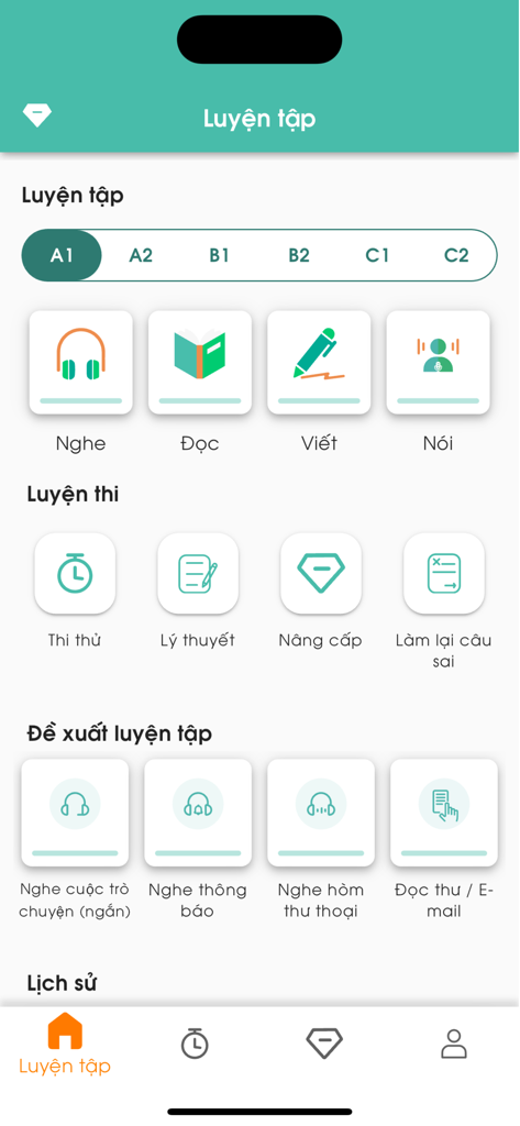 Panel de la aplicación Migii GOETHE que muestra los niveles de competencia en alemán de A1 a C2 y módulos de estudio para escuchar, leer, escribir y hablar.