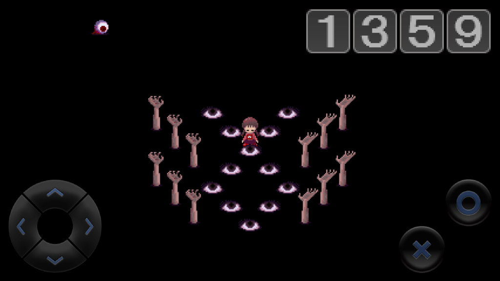 Yume Nikki - Surreal pixel art dream sequence in Yume Nikki showing character surrounded by eyes and hands