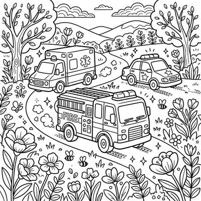 Rev up your imagination with this vibrant coloring page featuring essential emergency vehicles — an ambulance, fire engine, and police car — navigating a beautiful spring landscape. It's a wonderful way to celebrate community heroes and the joy of a new season through art.