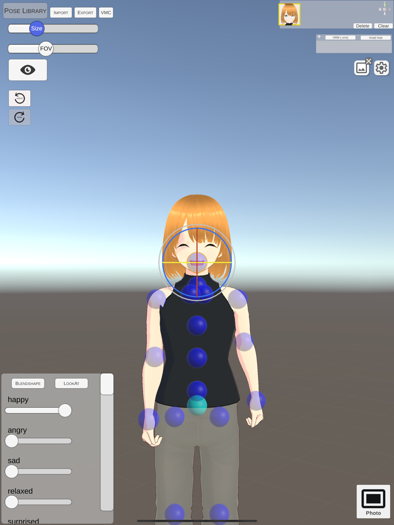 FastPoseVRM - Interfaz de FastPoseVRM para posar un personaje de anime 3D con controles deslizantes de expresión facial