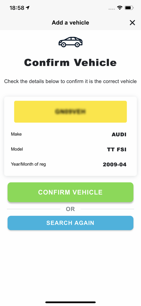 Bugs Matter - A screen in the Bugs Matter app showing vehicle details for confirmation including make and model