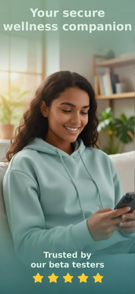 Una mujer sonriente usando la aplicación Sophia Helps AI en su smartphone en una sala de estar luminosa