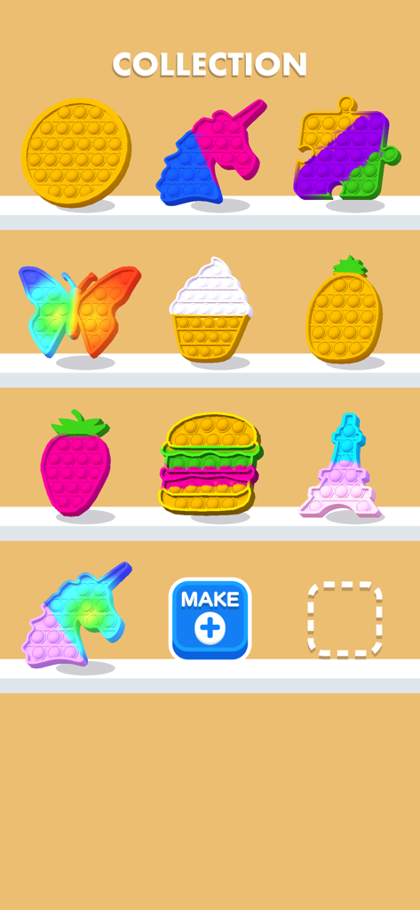 In-game collection screen showing various colorful DIY pop it fidget toys in shapes like a unicorn, butterfly, and burger