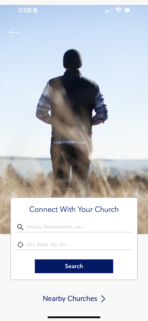 Church App - Tithe.ly - Search interface in the Tithely Church App to find and connect with local churches by name or location