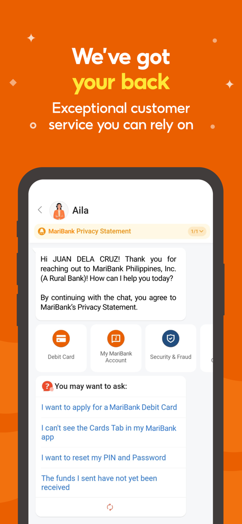 MariBank PH (SeaBank) - Uno screenshot della chat di assistenza clienti dell'app MariBank PH che mostra opzioni di aiuto automatico e una conversazione con un agente di supporto di nome Aila