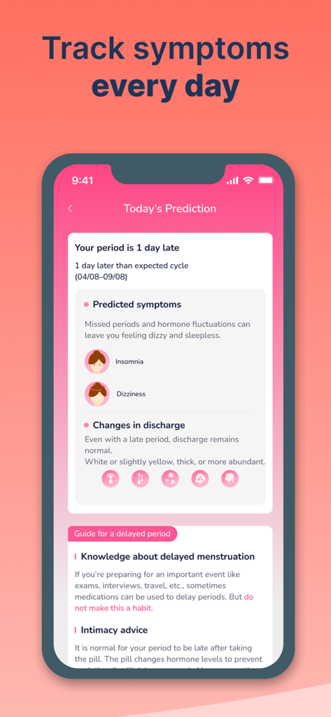 Period Cycle Calculator - Interface do aplicativo Calculadora de Ciclo Menstrual exibindo sintomas previstos e conselhos para um período atrasado.