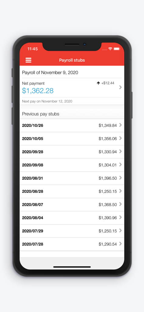 Payroll by Nethris - Mobile screen of Payroll by Nethris showing a list of past pay stubs and the latest net payment amount.