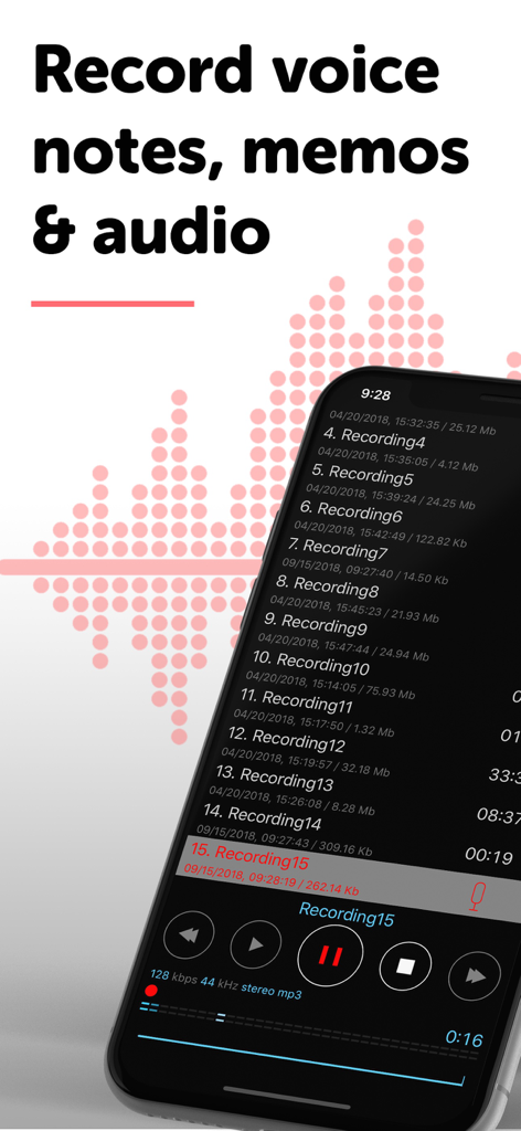 ALON Diktiergerät App-Oberfläche, die eine Liste von Sprachaufnahmen und Audiowiedergabesteuerungen anzeigt.