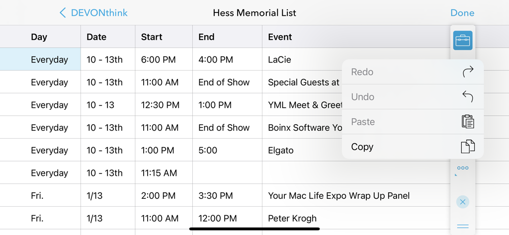 DEVONthink To Go 3 - Spreadsheet view in DEVONthink To Go 3 with an open editing menu for copy and paste functions