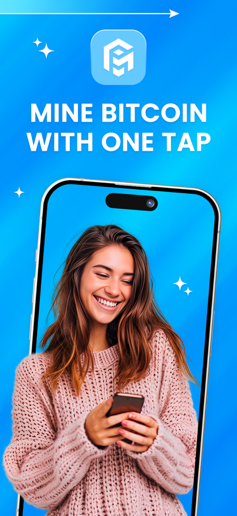 Giga Miner: Bitcoin Mining - Giga Miner app promotional screen featuring one tap Bitcoin mining and a smiling user holding a smartphone
