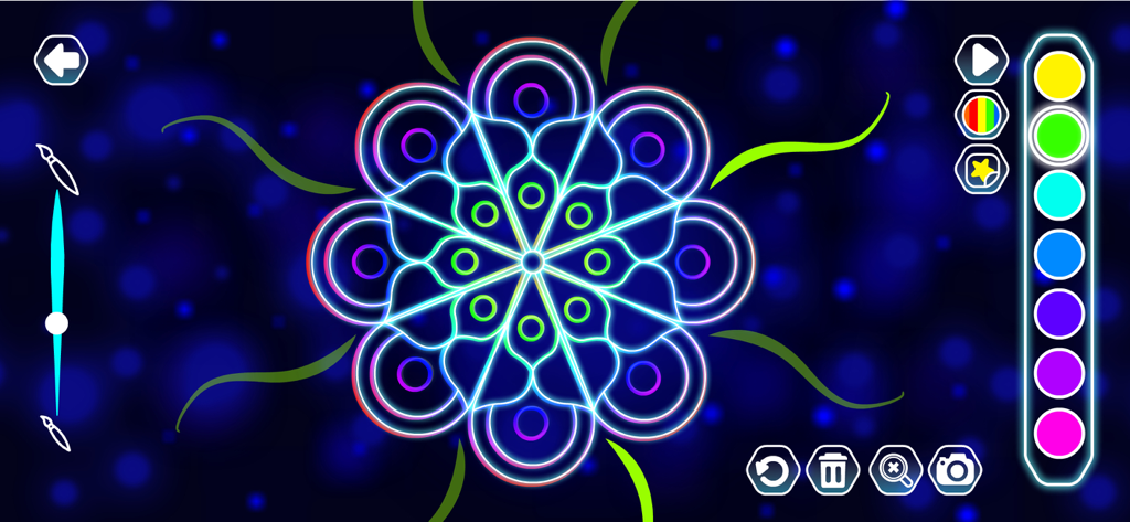 A colorful neon glow mandala being drawn on a dark background in the Kids Doodle app