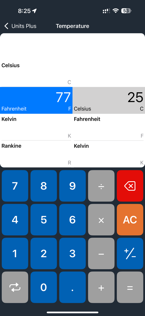 Interface of the Units Plus app showing a temperature conversion of 77 Fahrenheit to 25 Celsius with a numeric keypad