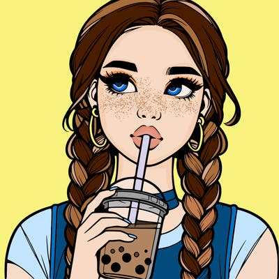 realistic girl with braided hair drinking boba