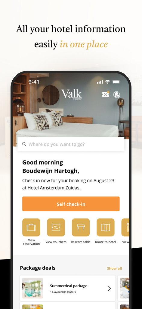Van der Valk Exclusief app home screen showing self check-in and hotel reservation details