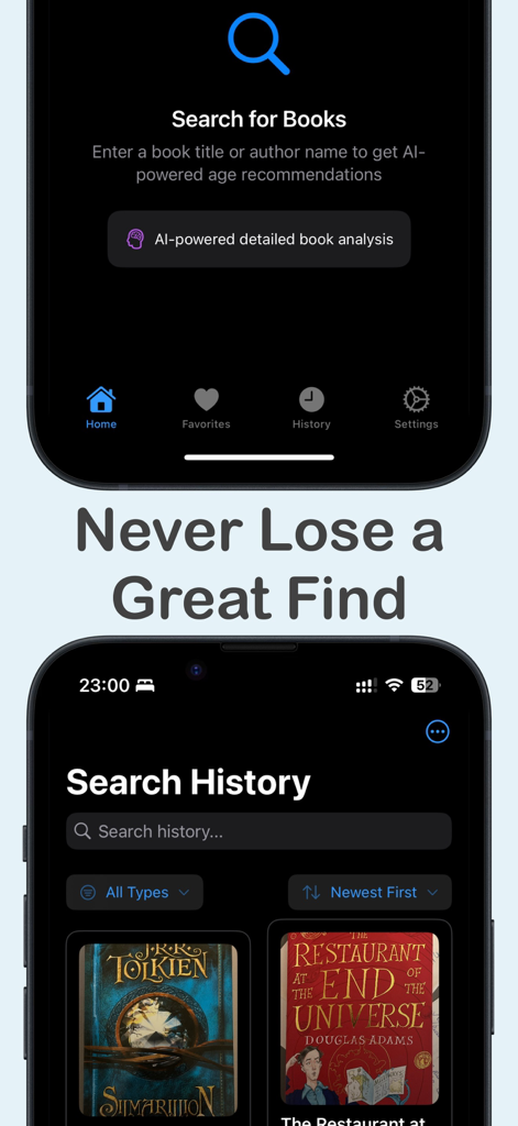 BookLens: Age-Right Books - Interfaz de la aplicación BookLens mostrando la función de búsqueda de libros y el historial de búsqueda con portadas de libros.