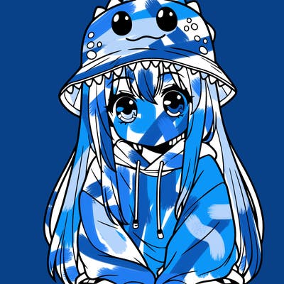 girl with anime shaped eyes with a dinosaur bucket hat oversized sweatshirt long straight hair