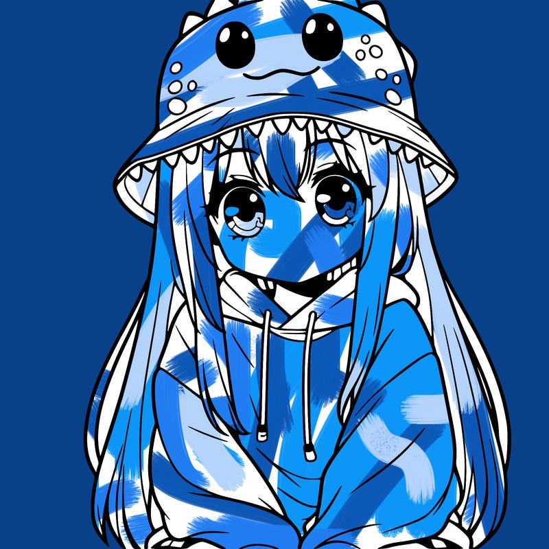 girl with anime shaped eyes with a dinosaur bucket hat oversized sweatshirt long straight hair