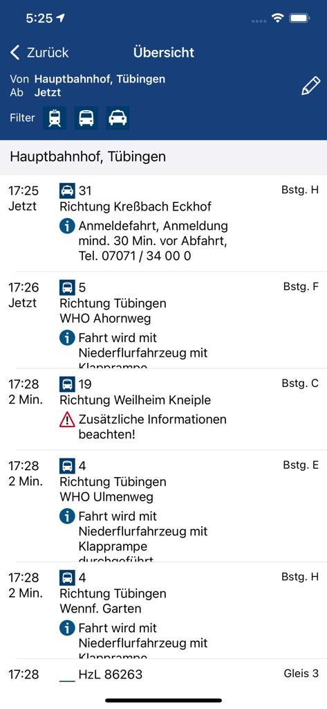 Echtzeit-Abfahrtstafel für Busse und Züge am Tübinger Hauptbahnhof in der naldo App