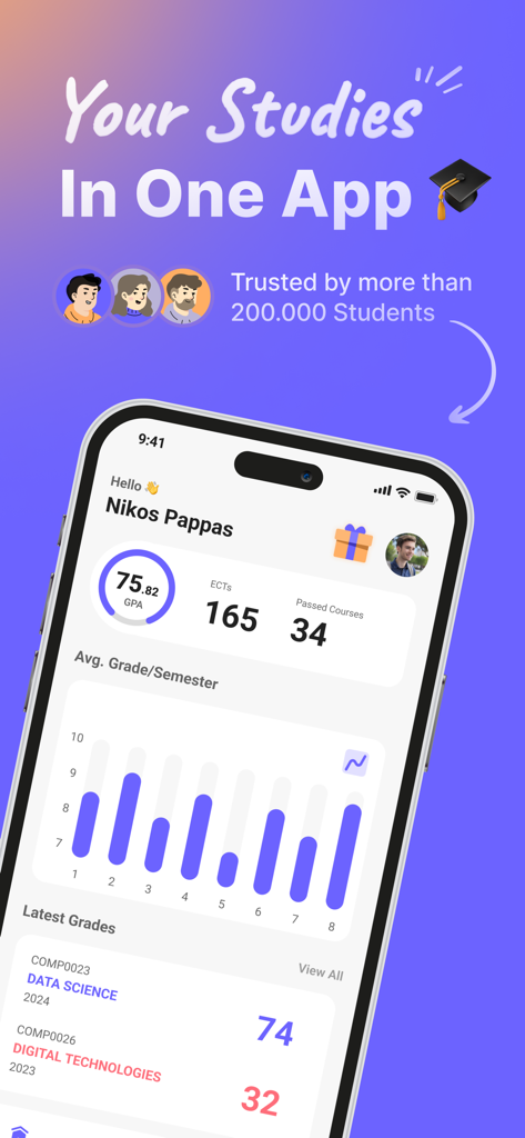 UniStudents mobile app dashboard showing student GPA and academic progress chart