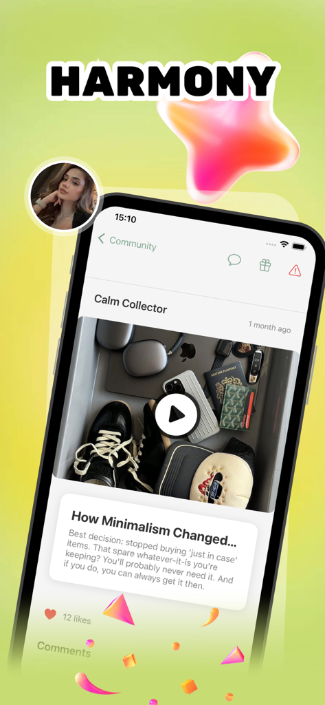 Minimalist - Lifestyle & Enjoy - Community-Feed der Minimalist-Lifestyle-App, der einen Beitrag zum Ausmisten zeigt.