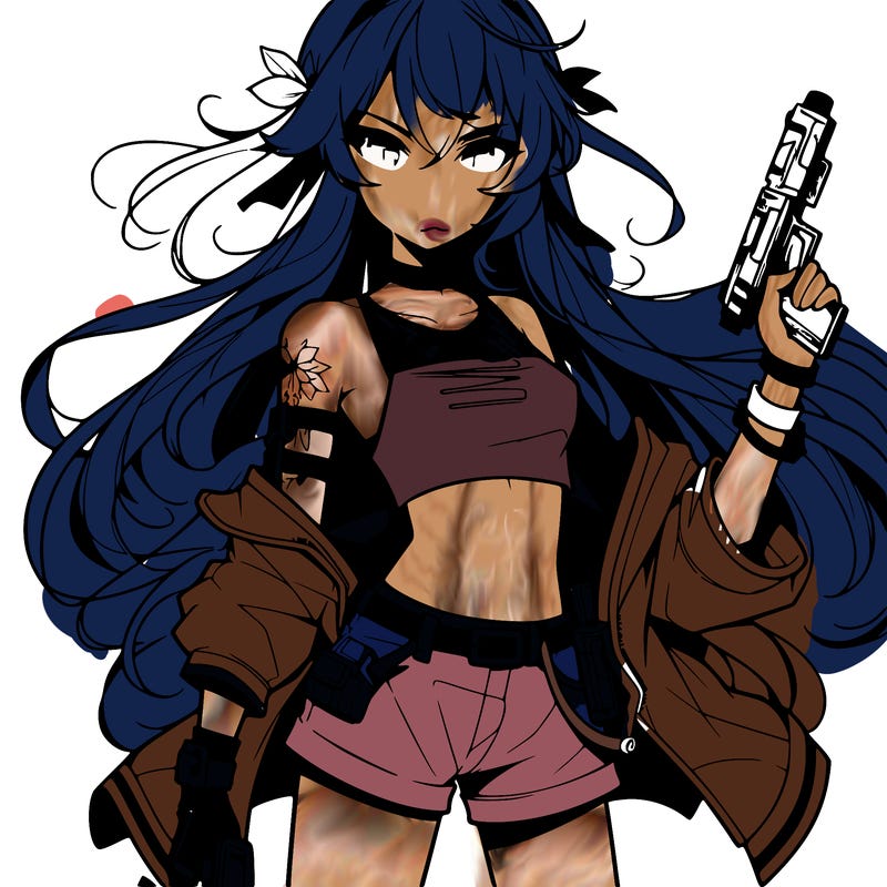 bad girl wearing crop top holding a gun long hair anime