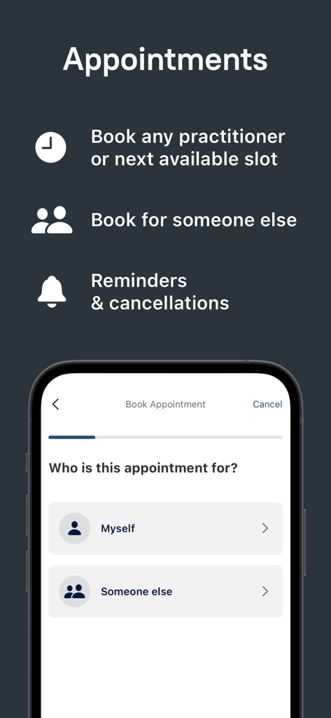 Tō Mai - Interface do aplicativo To Mai para agendar consultas médicas com opções para mim ou outra pessoa.