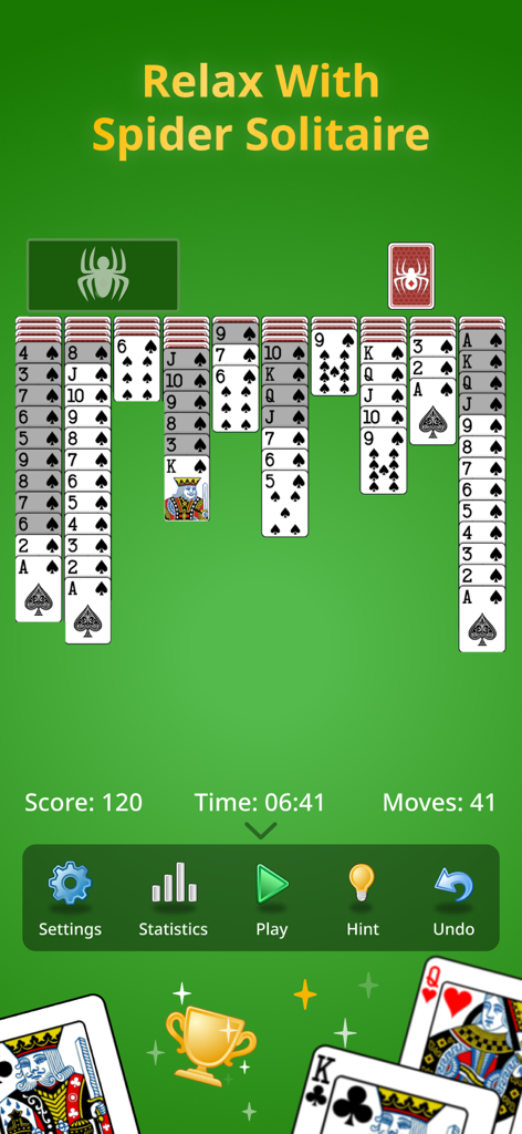Spider Solitaire Classic. - Capture d'écran mobile de Spider Solitaire Classique montrant des colonnes de cartes sur un fond vert avec les statistiques du jeu et les icônes de menu