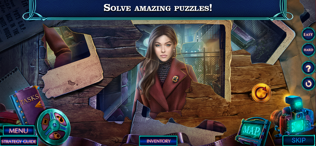 Fatal Evidence 4 - F2P - Detective hidden object puzzle scene with a portrait of a woman and mystery game interface