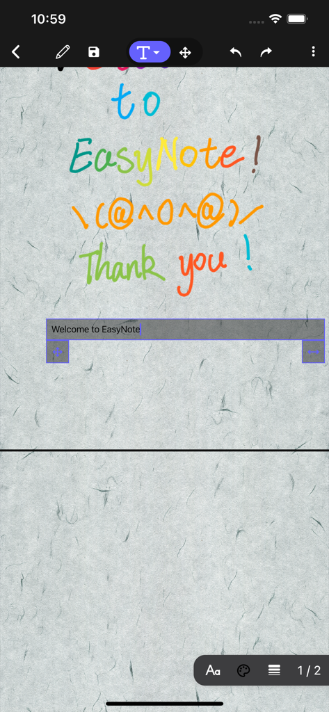 EasyNote: Note, Handwrite, PDF - EasyNote app interface showing colorful handwritten text and a typed message on a textured background.